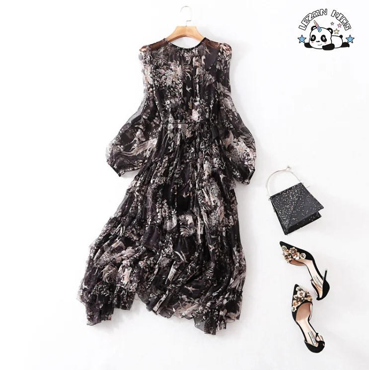 LEZONKIDS - Custom Autumn Girl Dress Floral Printed Imitation Silk Splice Irregular Beach Long Dresses